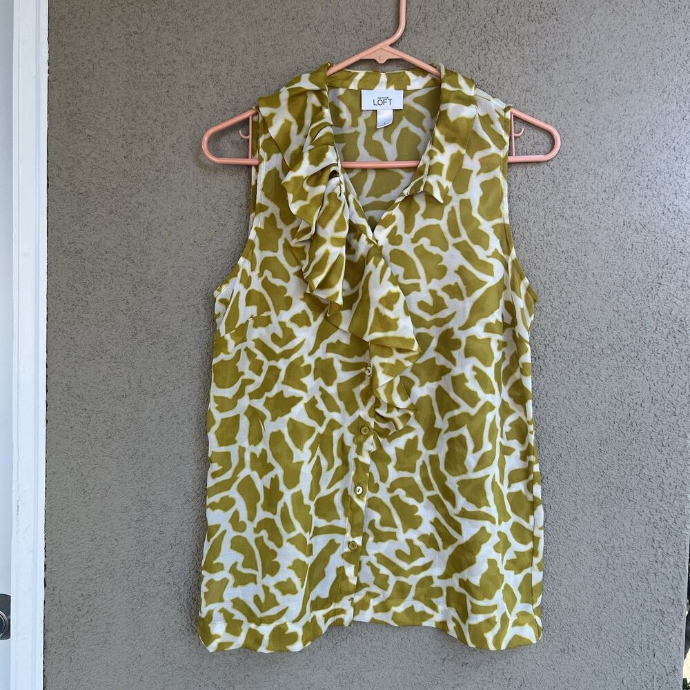 Ann Taylor Loft Womens Top Yellow/green Ruffle Front Sleeveless Size Small